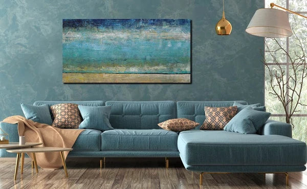 BWA114 アートパネル 水辺の抽象 100x50cm 抽象画 絵画 和モダン 和風 壁掛け アート 北欧 海 青